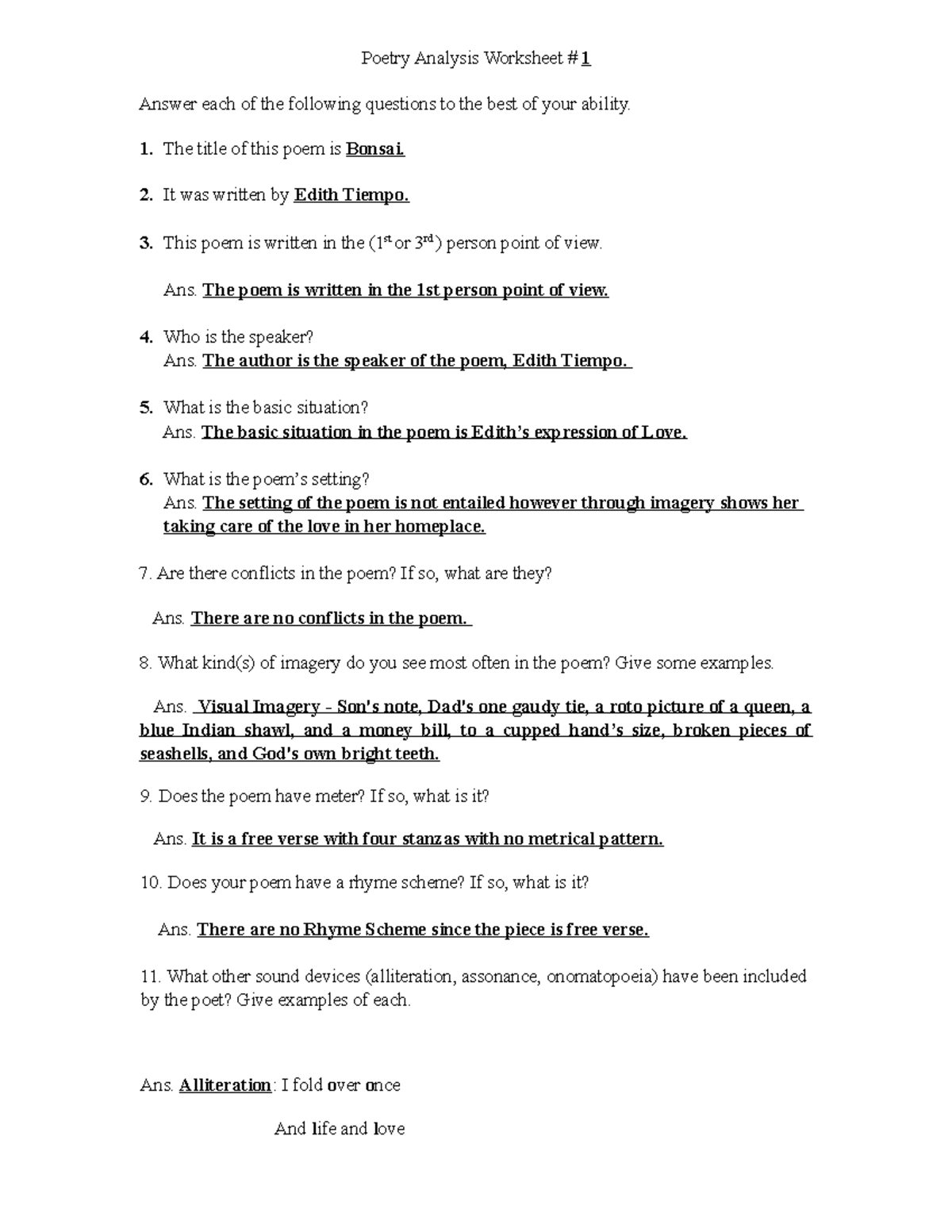 Bonsai Edith Tiempo Poetry Analysis Worksheet 1 Answer Each Of