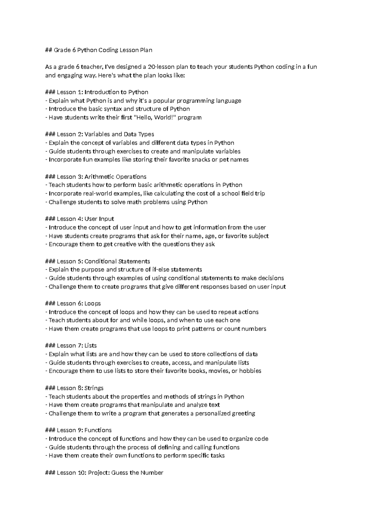 Python for kids - Desc - Grade 6 Python Coding Lesson Plan As a grade 6 ...