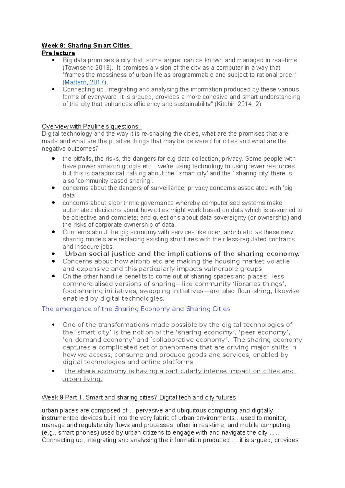 Geog 241 Week 9 Lecture and Exam notes Week 9 Sharing Smart Cities