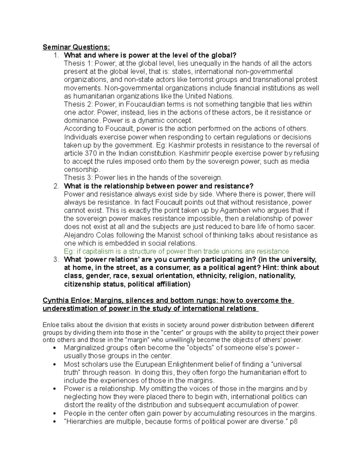 Global Politics week 2 - Lecture Notes - Seminar Questions: 1. What and ...