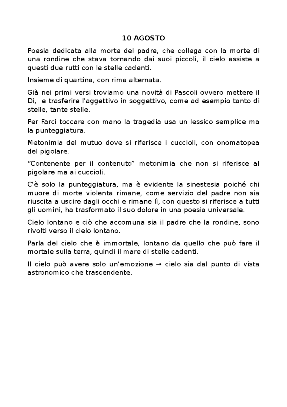 10 AGOSTO PASCOLI 10 AGOSTO Poesia dedicata alla morte del padre, che collega con la morte di 10 AGOSTO PASCOLI 10 AGOSTO Poesia dedicata alla morte del padre, che collega con la morte di