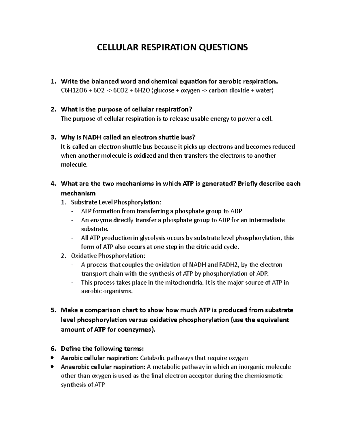 Cellular Respiration Questions - CELLULAR RESPIRATION QUESTIONS 1 ...