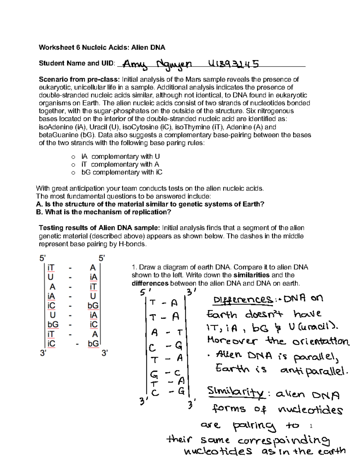 Worksheet+6+Alien+DNA - 1 Worksheet 6 Nucleic Acids: Alien DNA Student ...