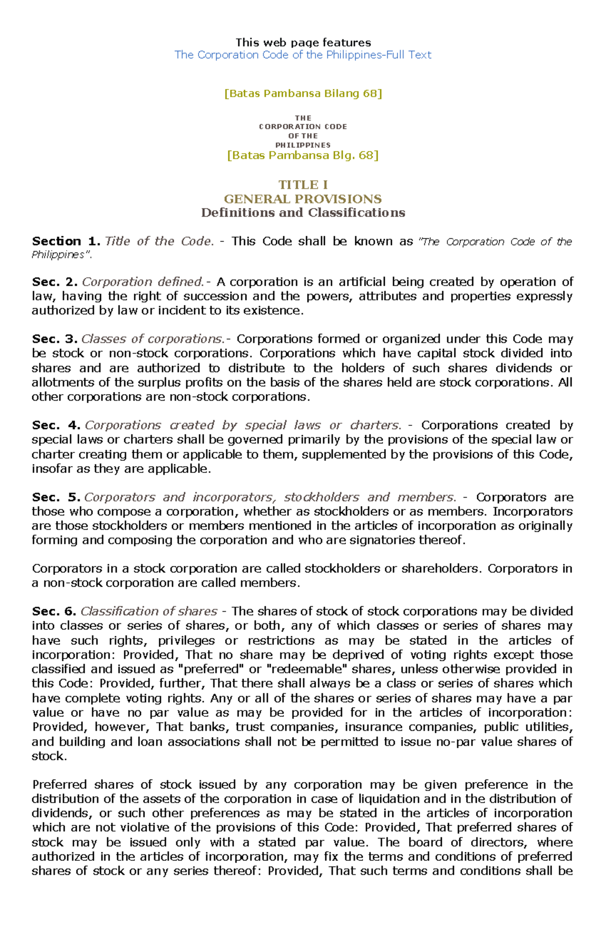 Corporation CODE OF THE Philippines - This web page features The ...
