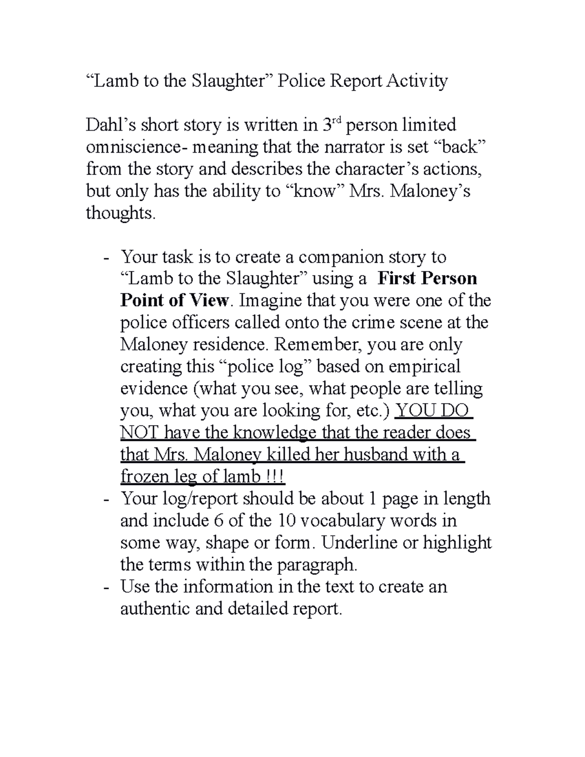 Lamb to the slaughter police reporti activity “Lamb to the Slaughter