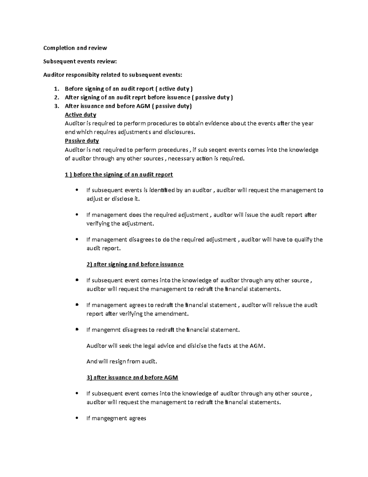 Audit compeltion and review - Completion and review Subsequent events ...