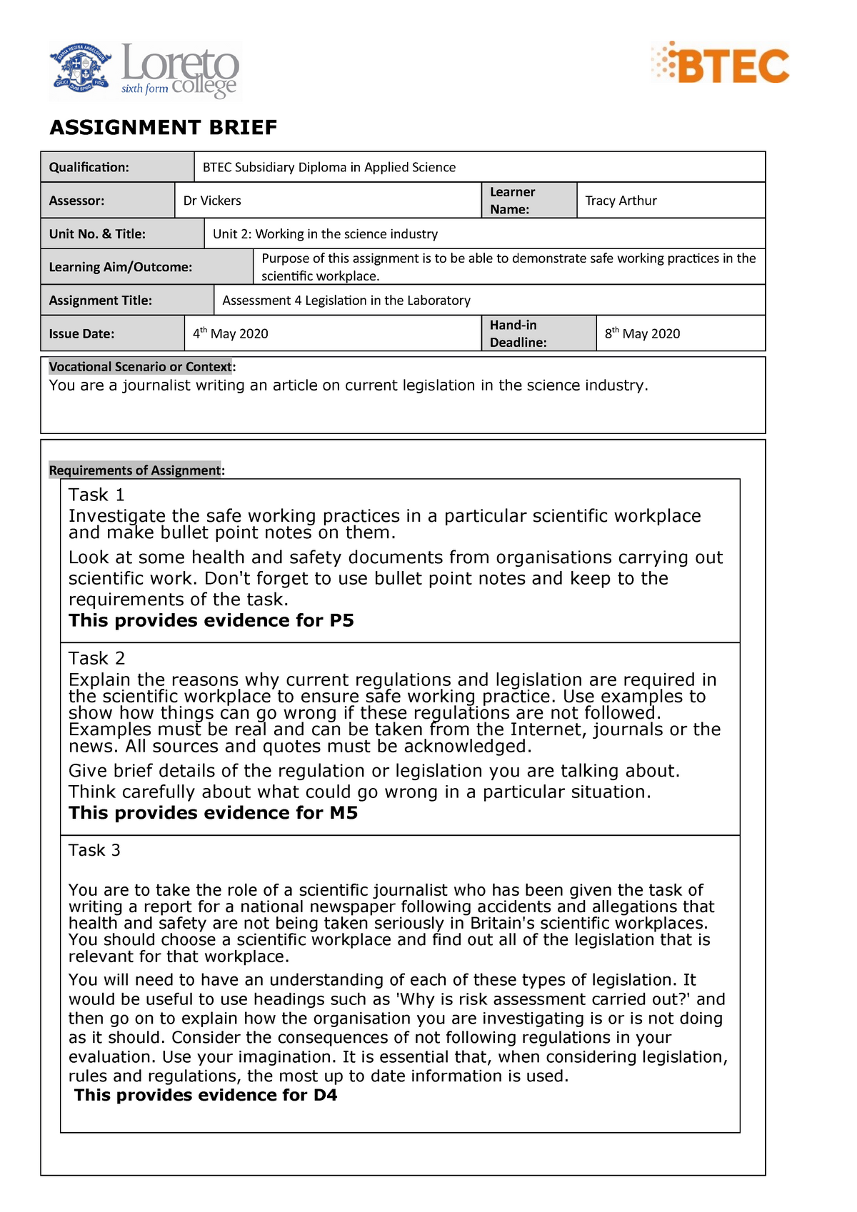 assignment brief applied science