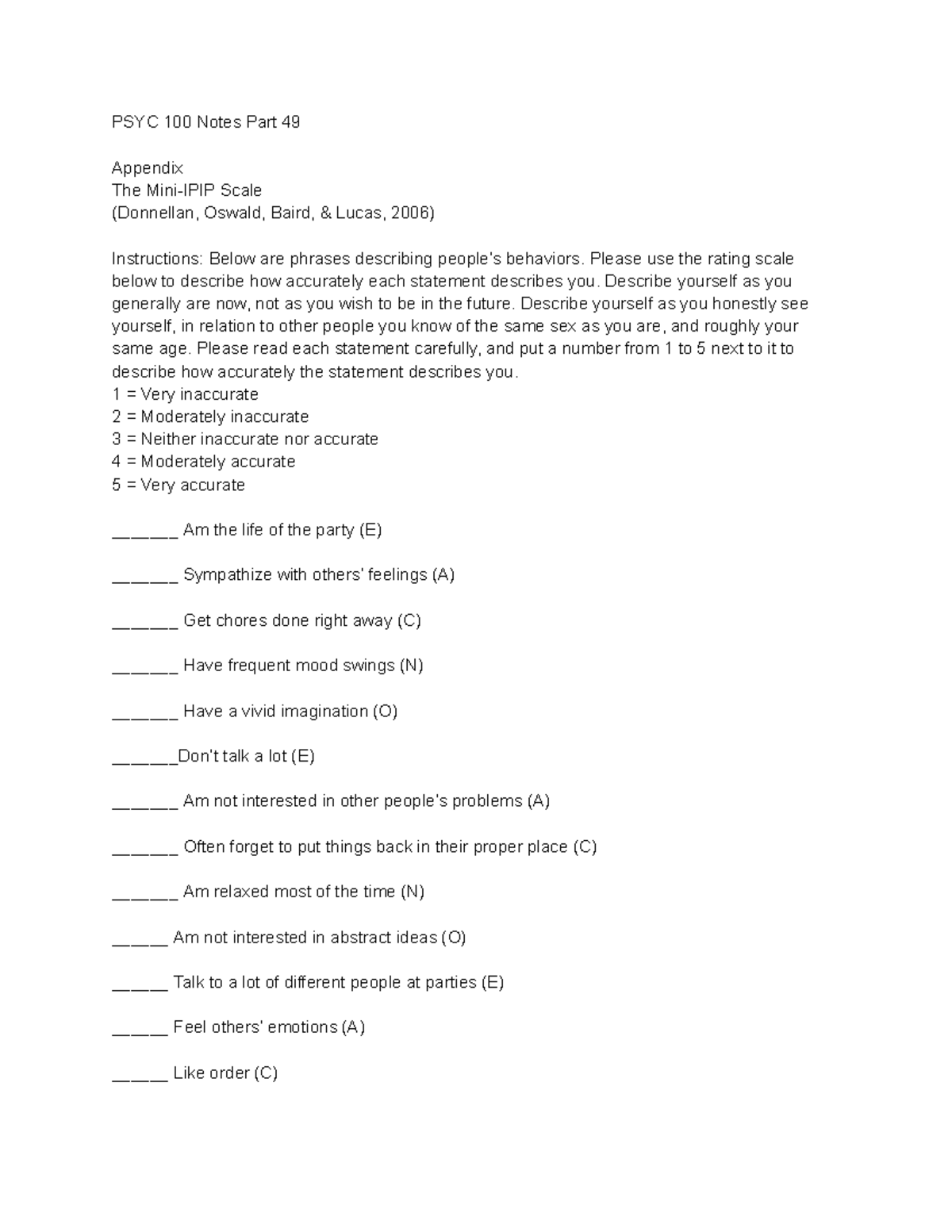 PSYC 100 Notes Part 49 - PSYC 100 Notes Part 49 Appendix The Mini-IPIP ...