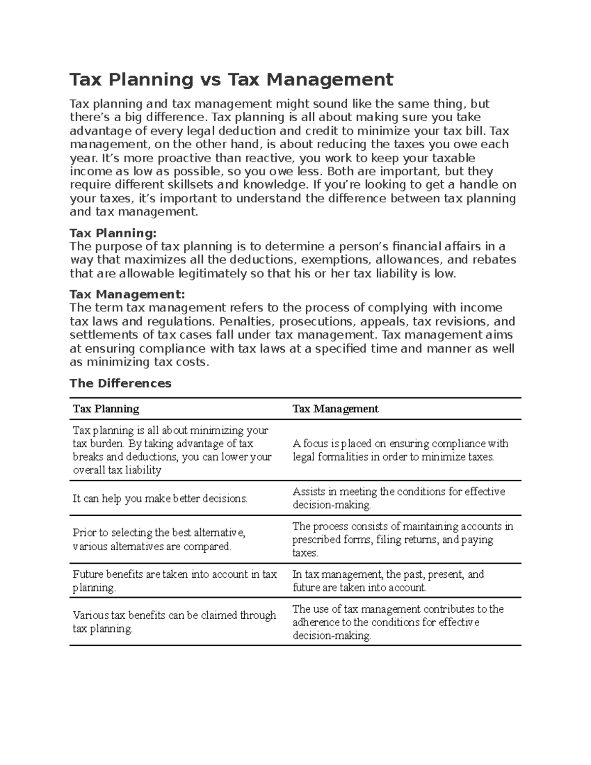Tax Planning vs Tax Management Tax planning is all about making sure