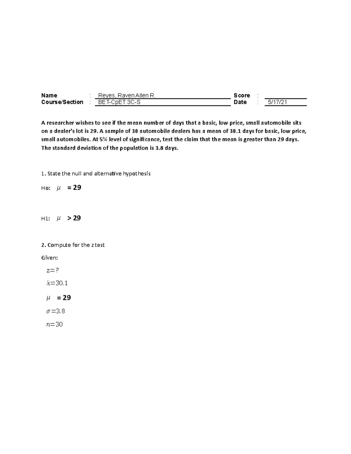 Hypothesis Testing (z - test) - Reyes - Name : Reyes, Raven Allen R ...