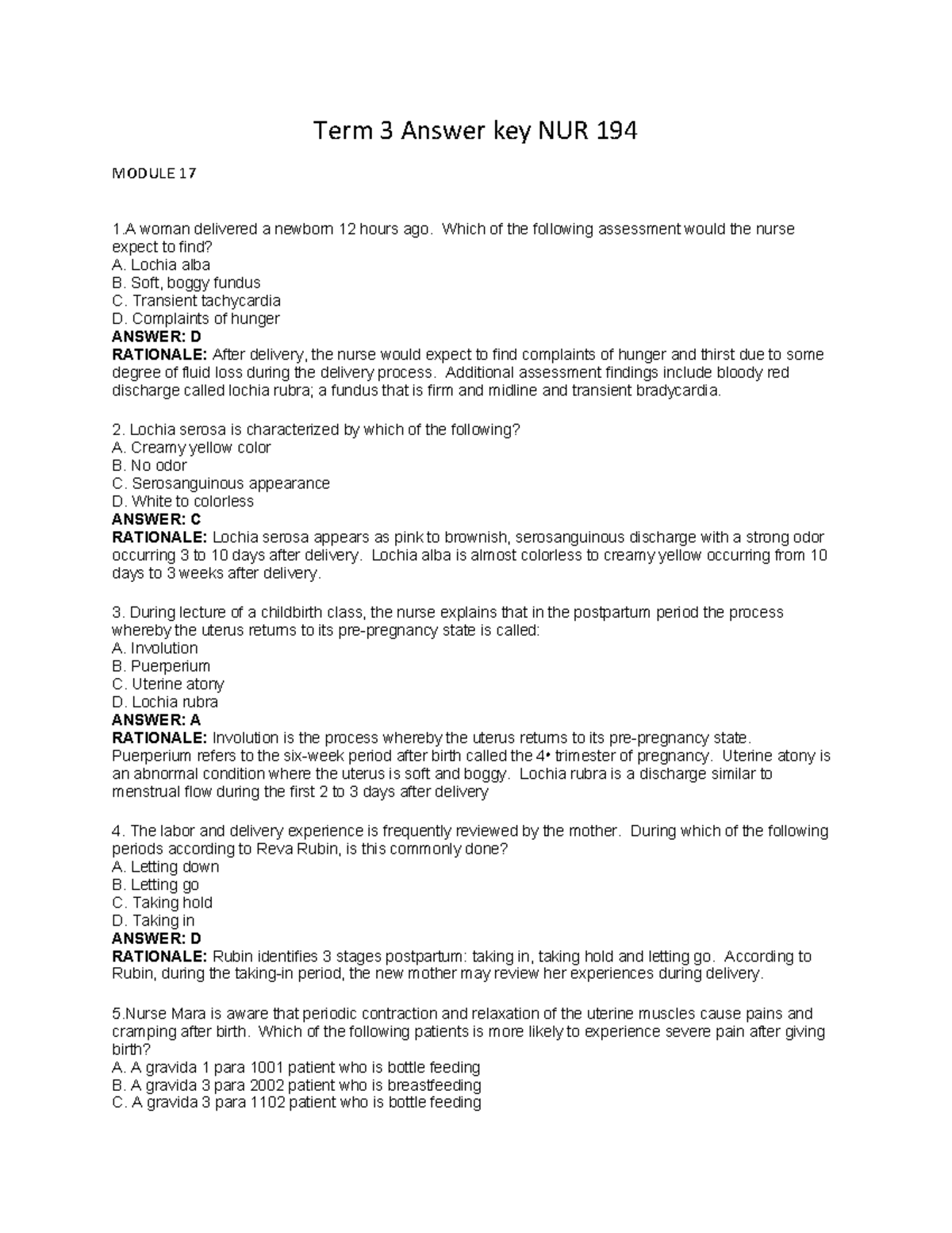 641236242 Answer key NUR 194 compiled - Term 3 Answer key NUR 194 ...