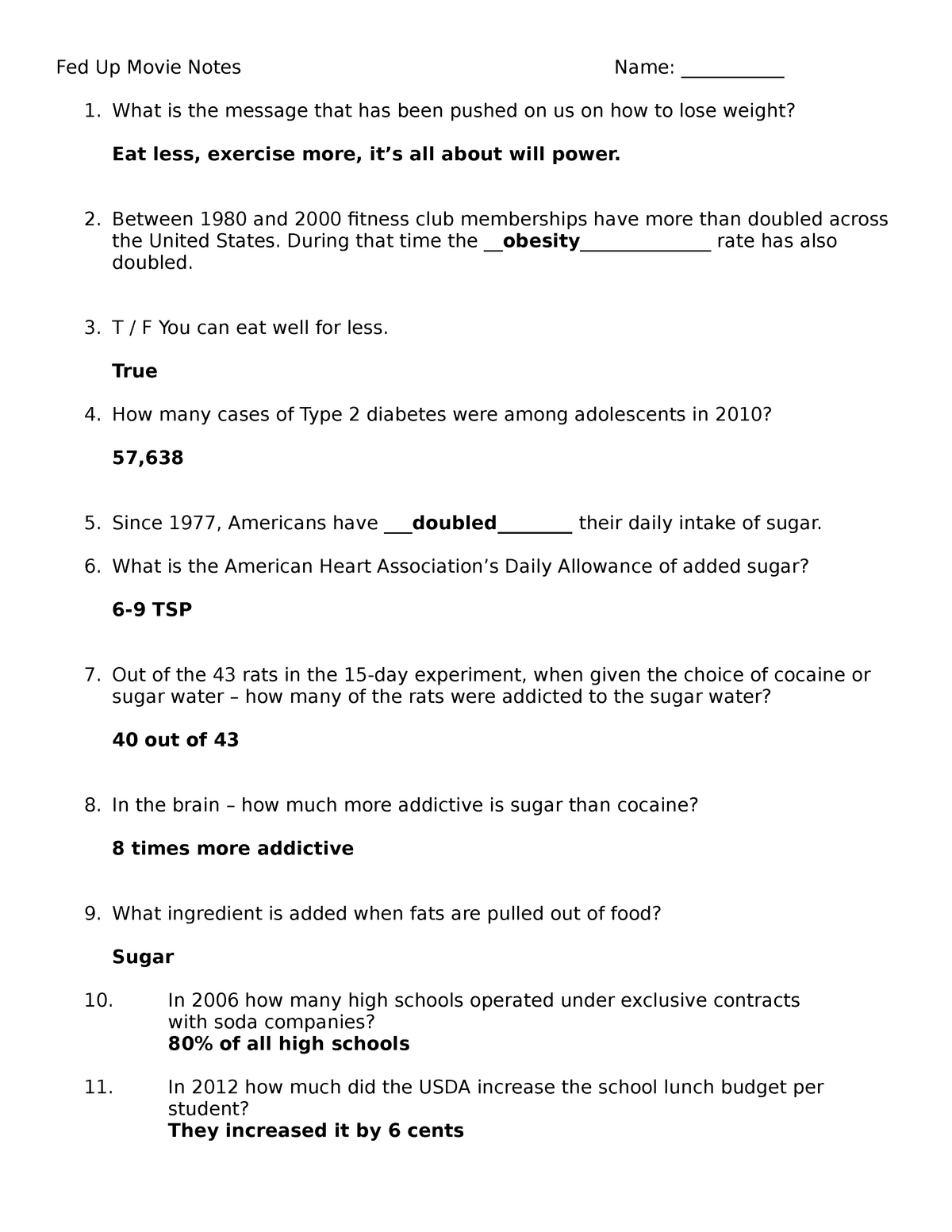 Fed-Up Movie Lecture Note Answer Questions - NUTR 21 - StuDocu Within Fed Up Worksheet Answer Key