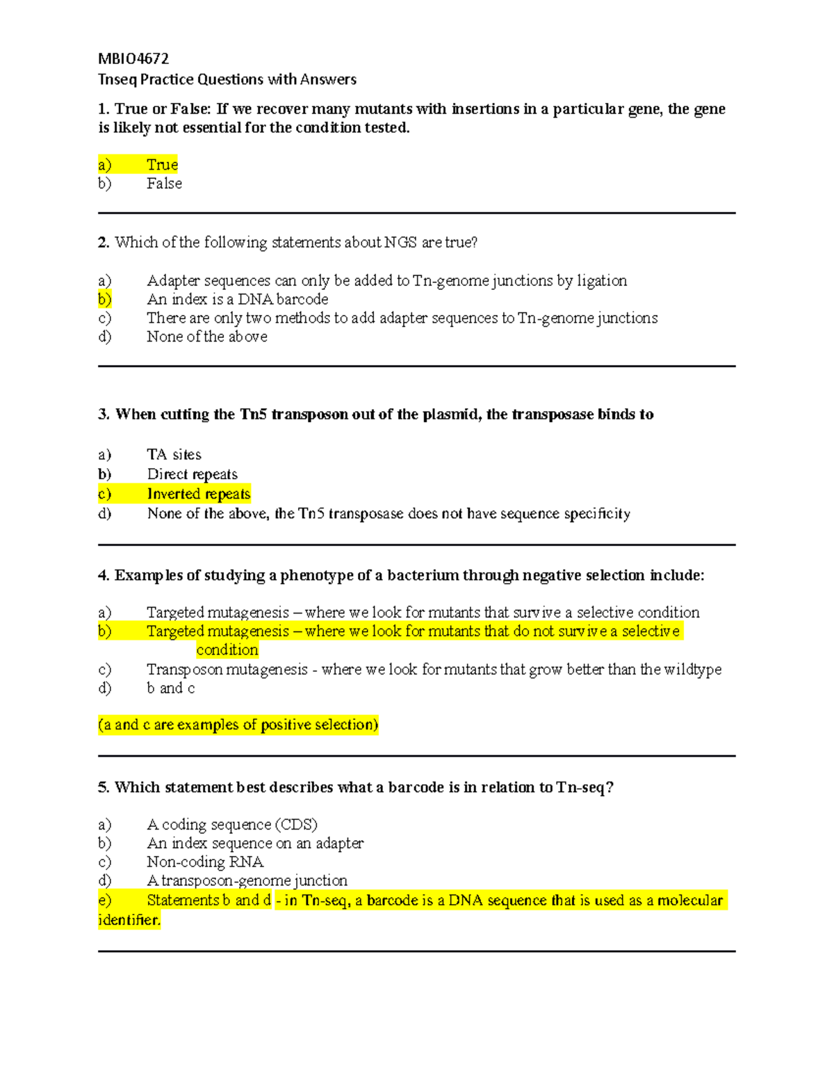 Tnseq Practice Questions with Answers 2021 - True or False: If we ...