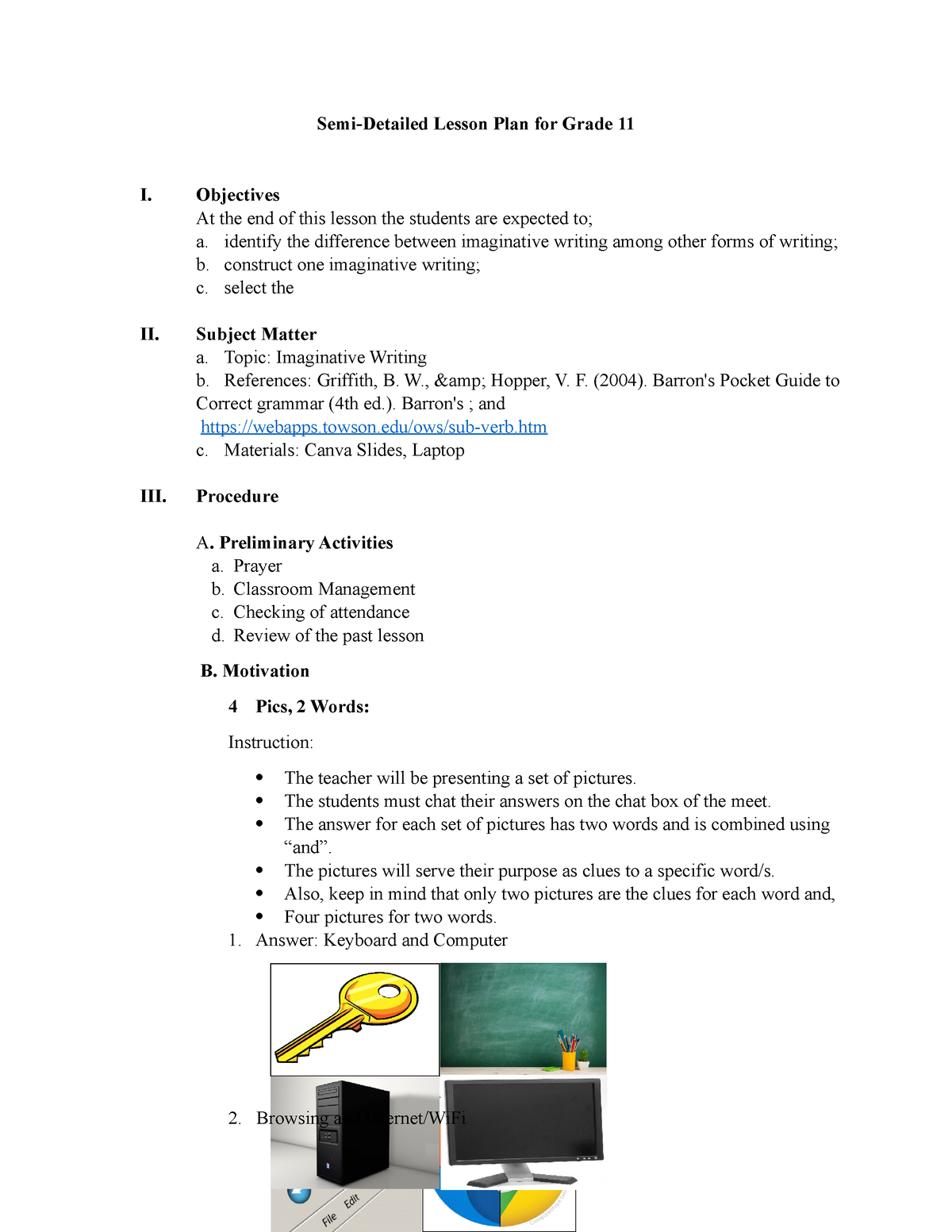 Semi Detailed Lp Sva Semi Detailed Lesson Plan For Grade I Objectives At The End Of This