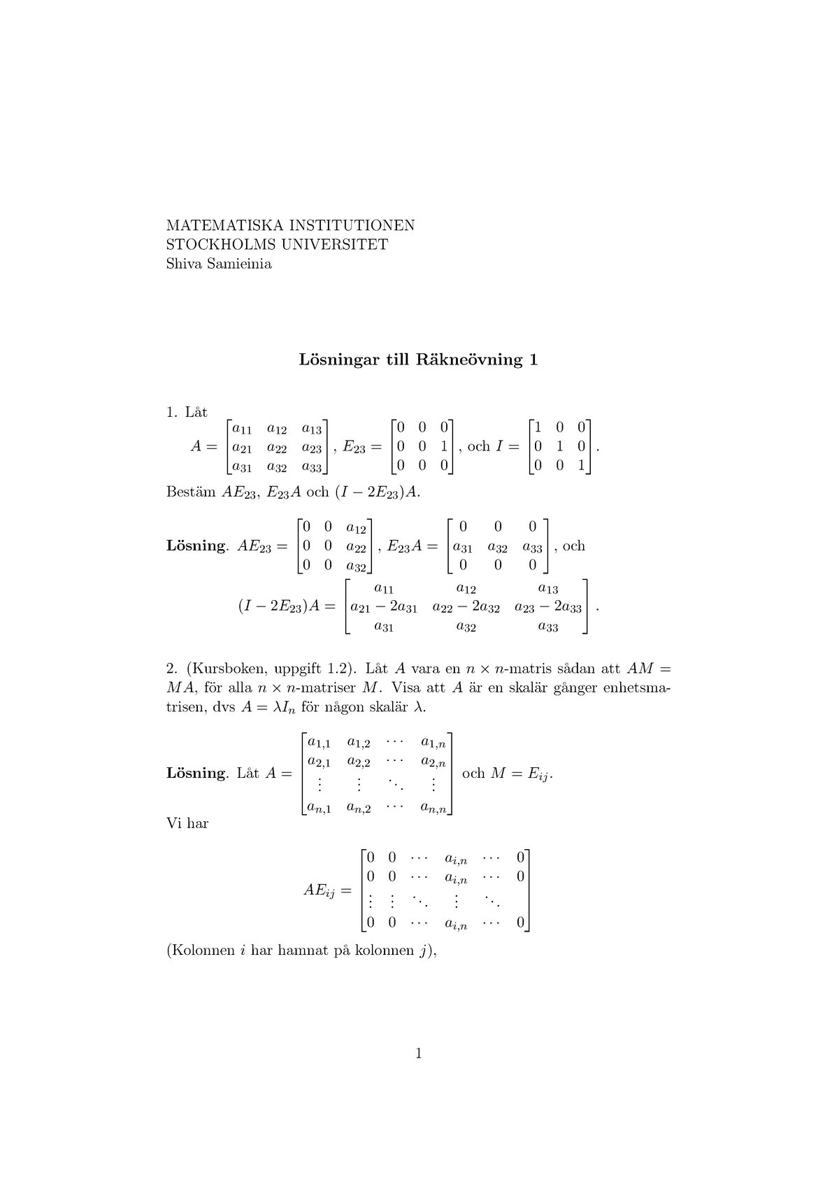 Övning 1-3 Lösningar - MATEMATISKA INSTITUTIONEN STOCKHOLMS UNIVERSITET ...