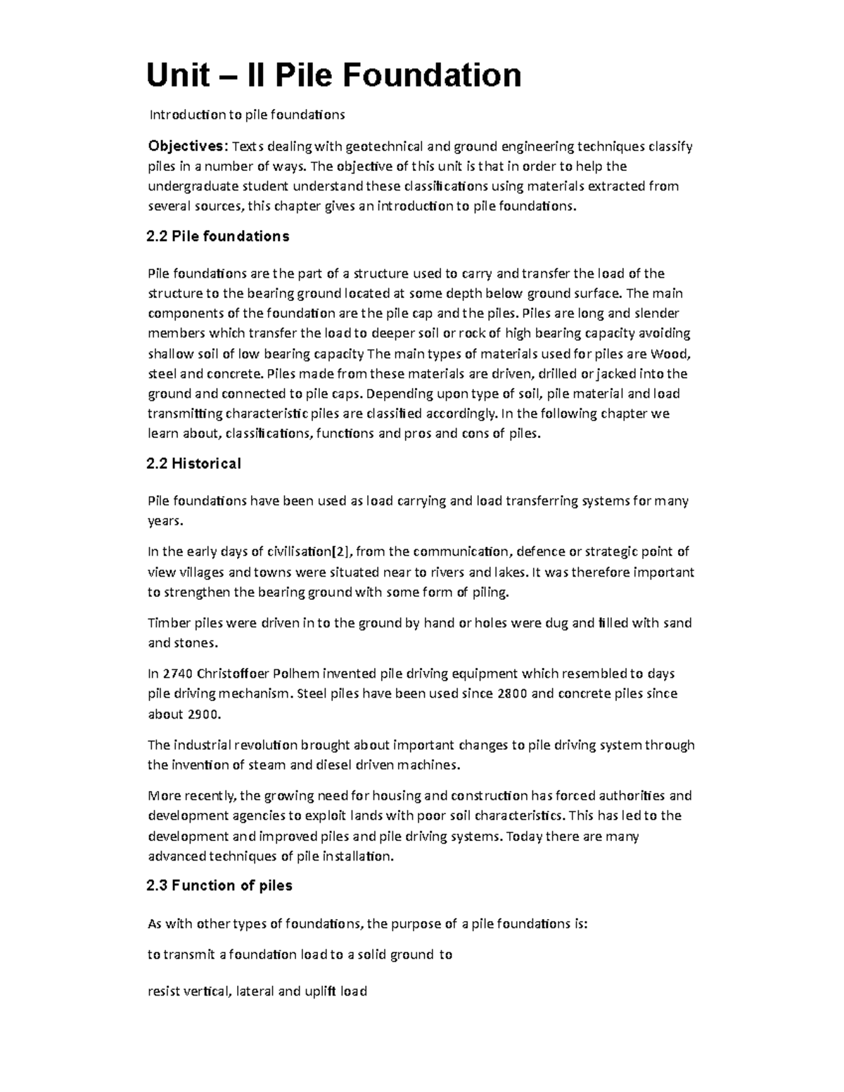 Unit1 Pile Foundation Unit II Pile Foundation Introduction to pile