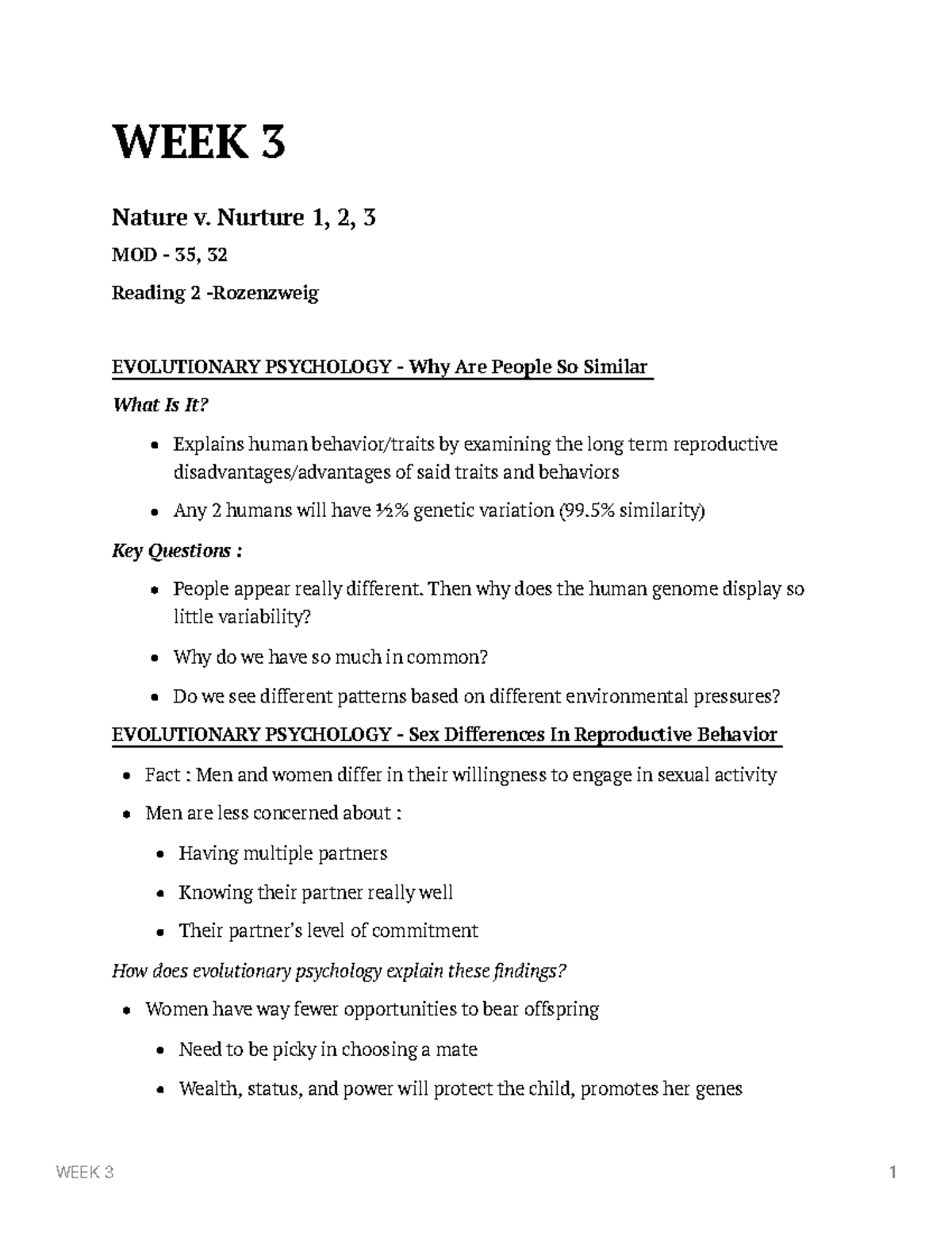 WEEK 3 - Lecture notes 3 - WEEK 3 Nature v. Nurture 1, 2, 3 MOD - 35 ...
