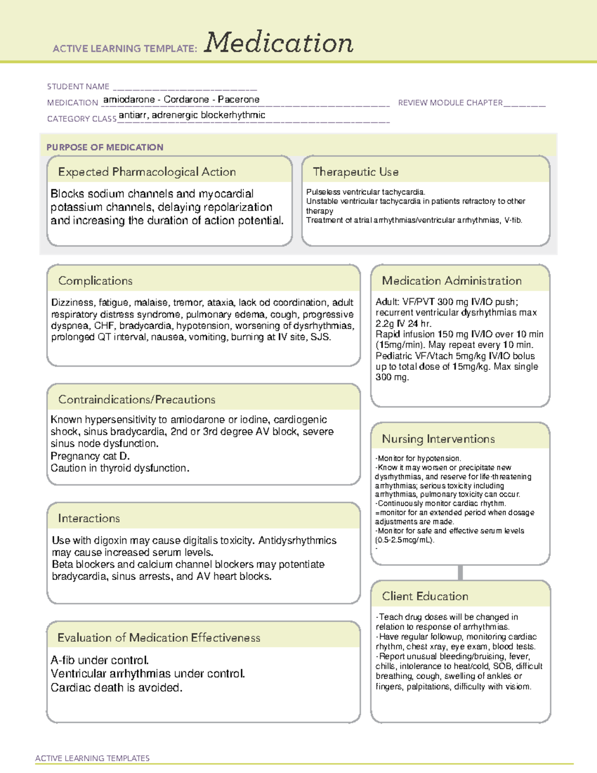 Amiodarone Cordarone ACTIVE LEARNING TEMPLATES Medication STUDENT