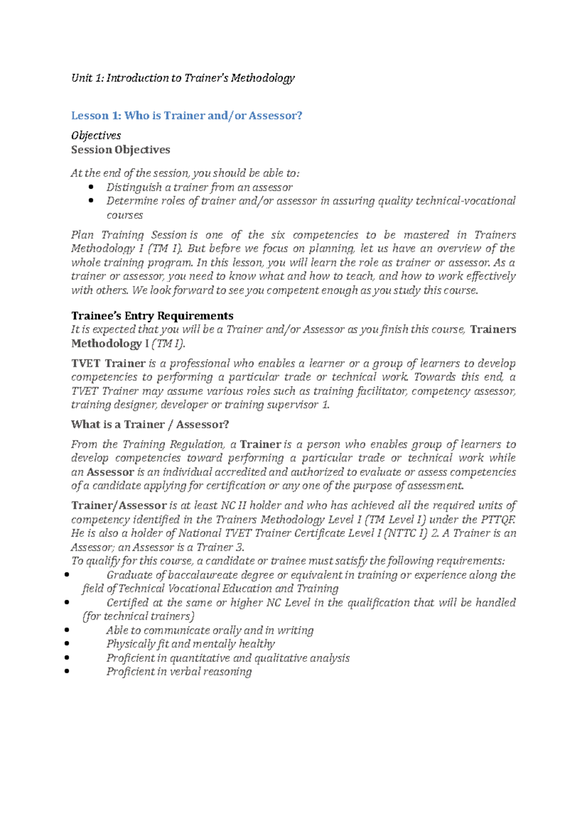 Unit-1 - wow - Unit 1: Introduction to Trainer's Methodology Lesson 1 ...