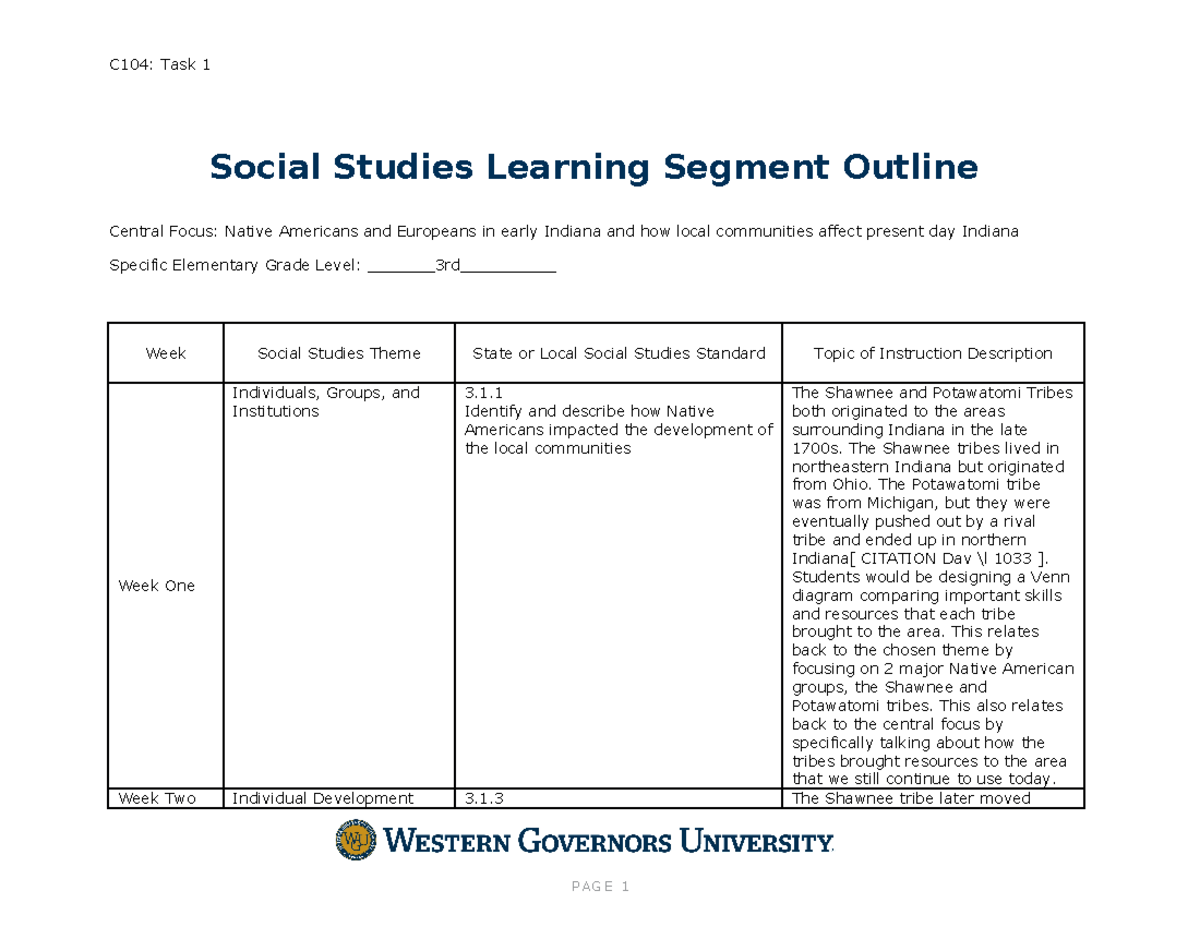 Social Studies Methods Task 1 C104 Task 1 Social Studies Learning