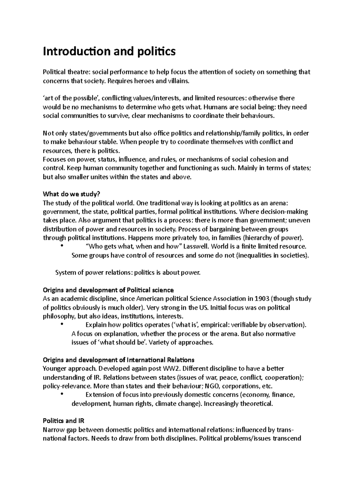 Week 1 Introduction - Lecture notes Week 1 - Introduction and politics ...