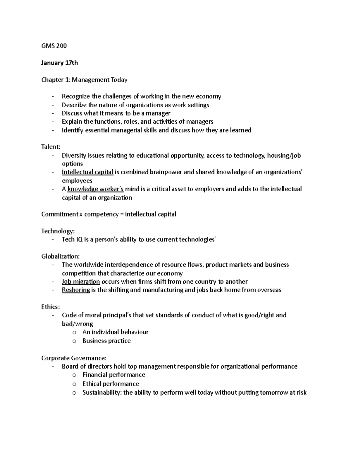 GMS 200 - Lecture Notes - GMS 200 January 17th Chapter 1: Management ...