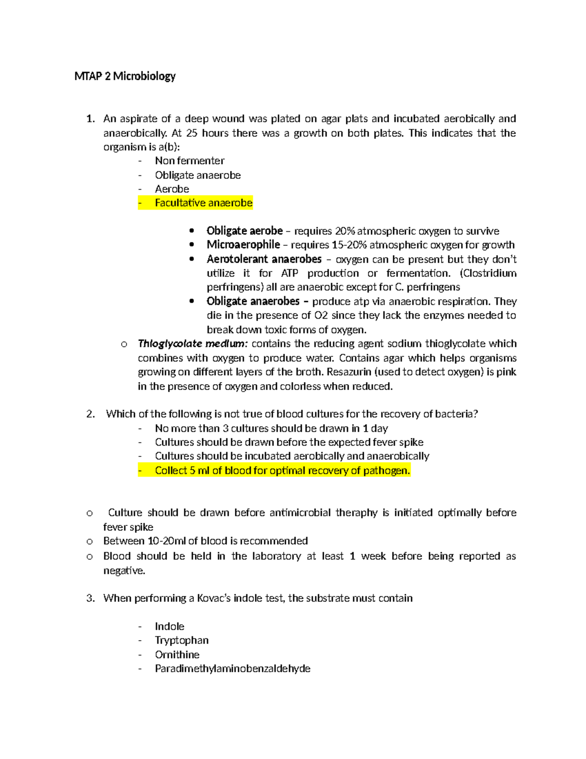 Microbiology Notes - MTAP 2 Microbiology 1. An aspirate of a deep wound ...
