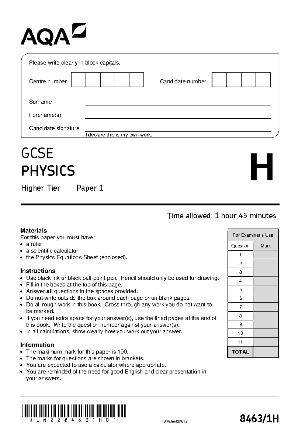 2022 AQA GCSE (Higher) Physics Paper 1 QP - jun2284631H01 IB/H/Jun22 ...