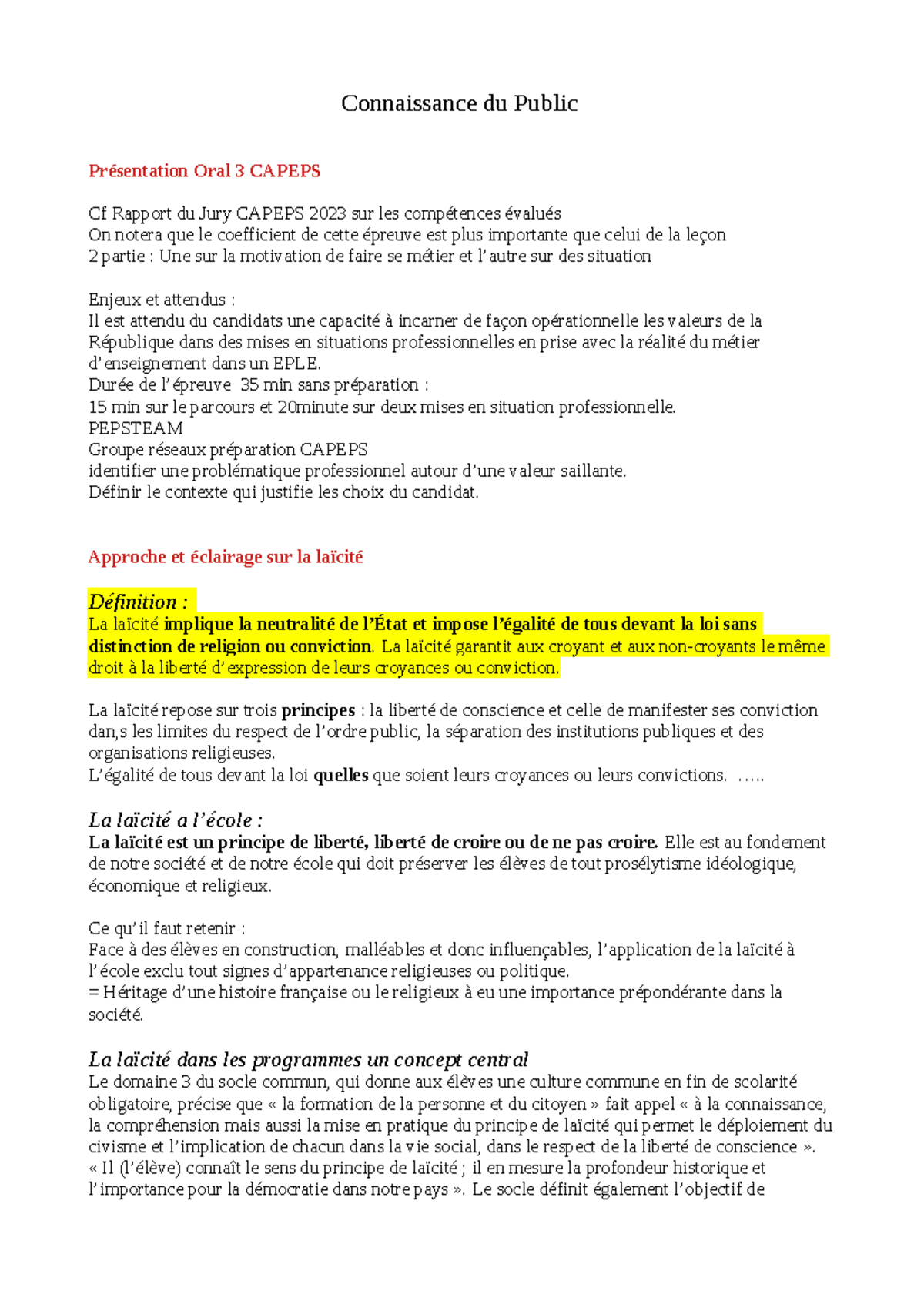 Laïcité Connaissance du Public Présentation Oral 3 CAPEPS Cf Rapport du Jury CAPEPS 2023 sur