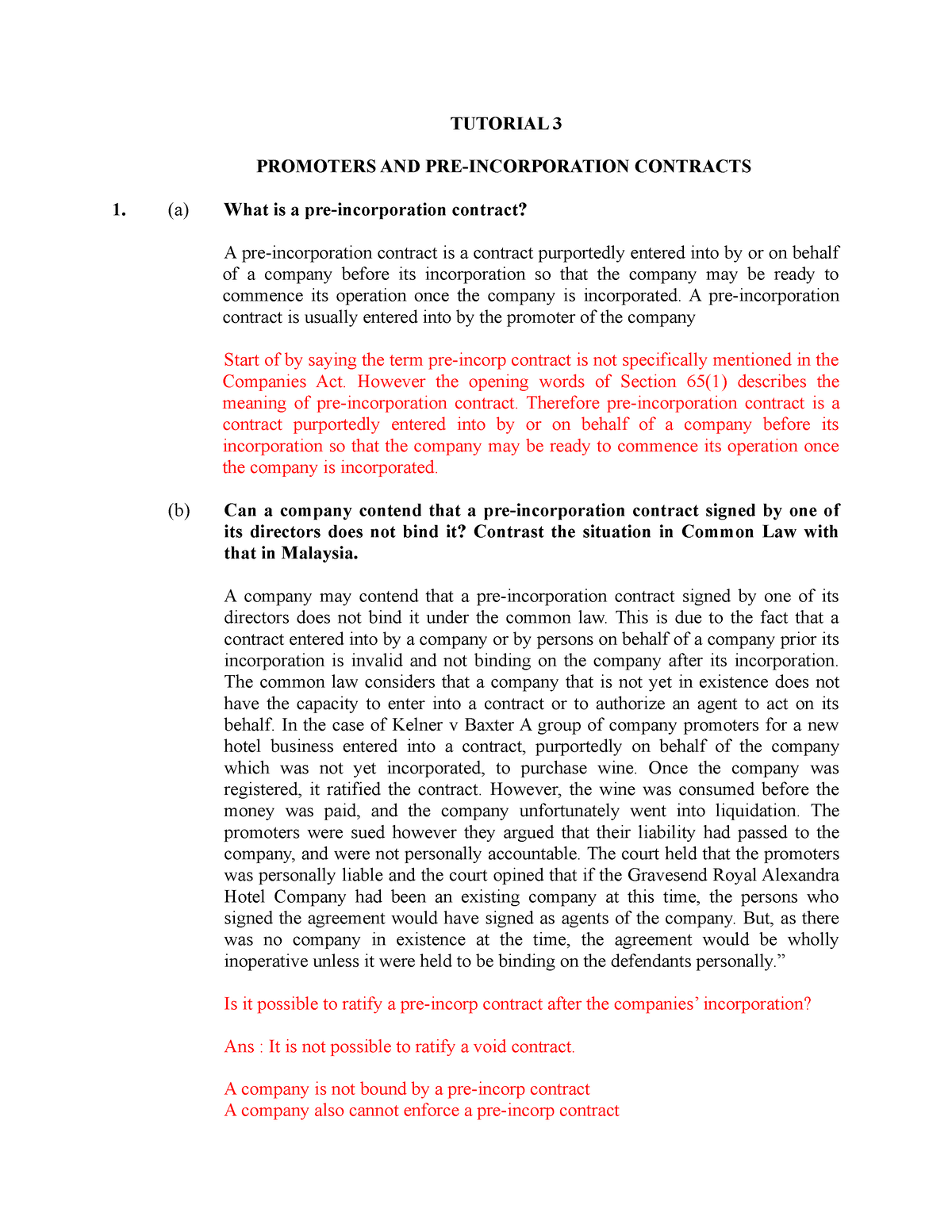 Tutorial 3 - TUTORIAL 3 PROMOTERS AND PRE-INCORPORATION CONTRACTS (a ...