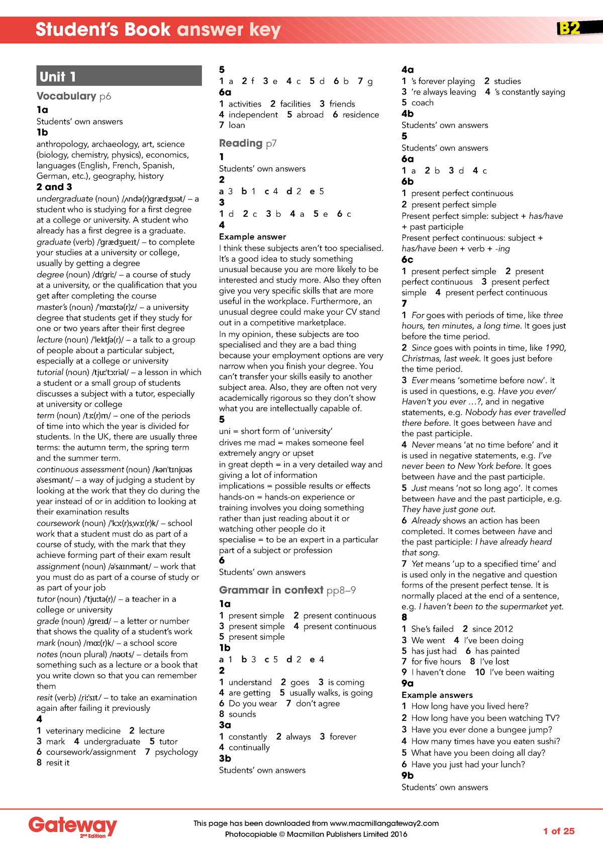 B2 Student 39 S Book Answer Key - 1 Of 25 5 1 A 2 F 3 E 4 C 5 D 6 B 7 G ...