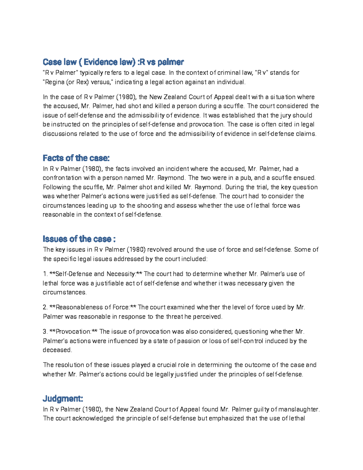 Evidence Case law ( R vs Palmer) - Case law ( Evidence law) :R vs ...