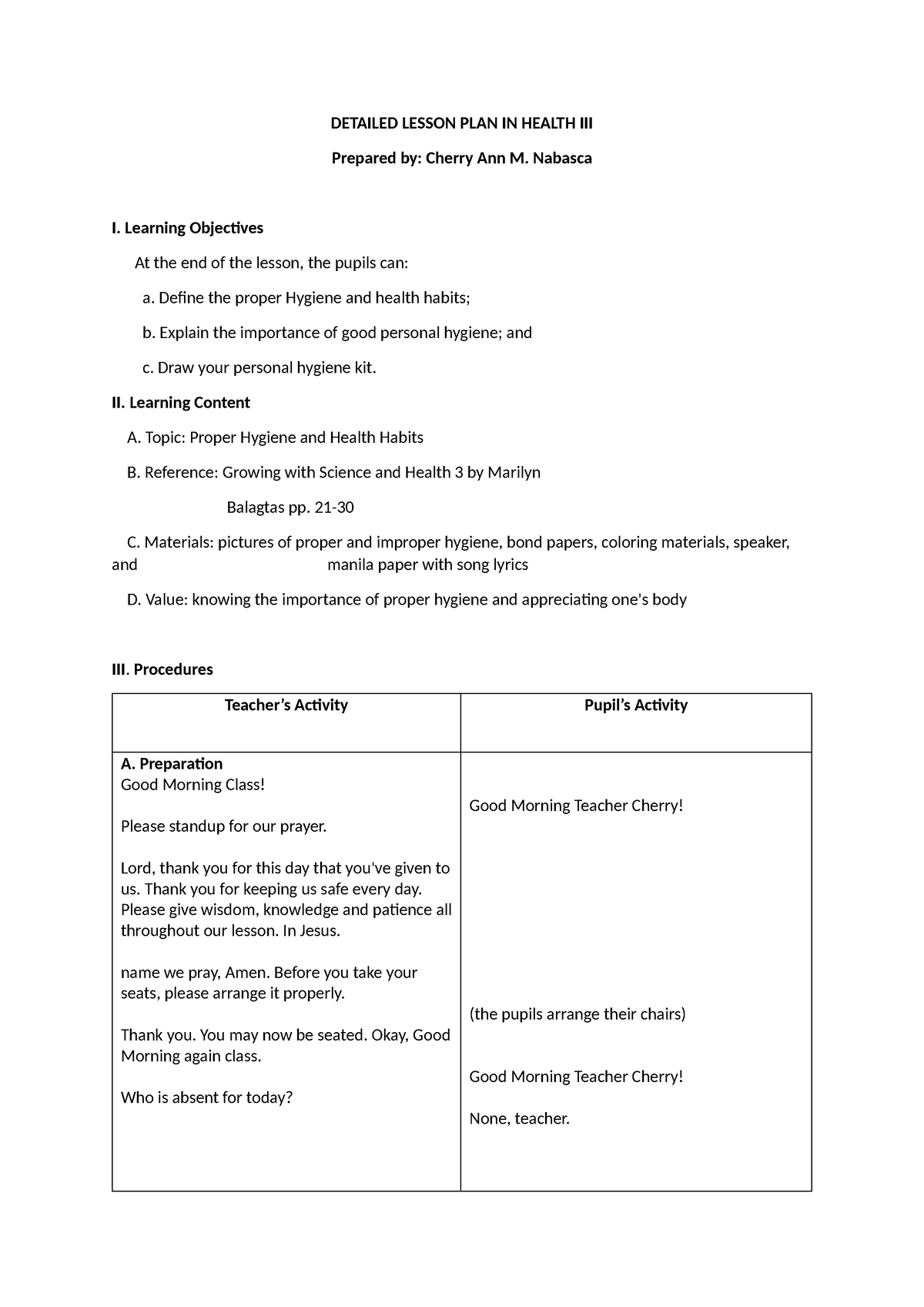 Cherry-Ann - none - DETAILED LESSON PLAN IN HEALTH III Prepared by ...