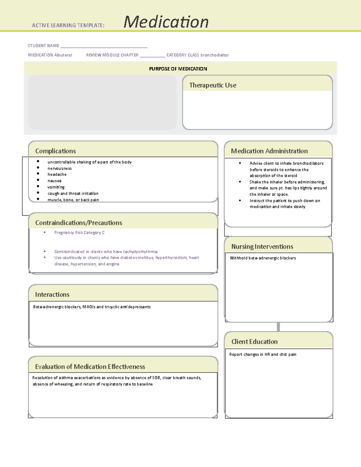 Albuterol (Proventil) med card STUDENT NAME