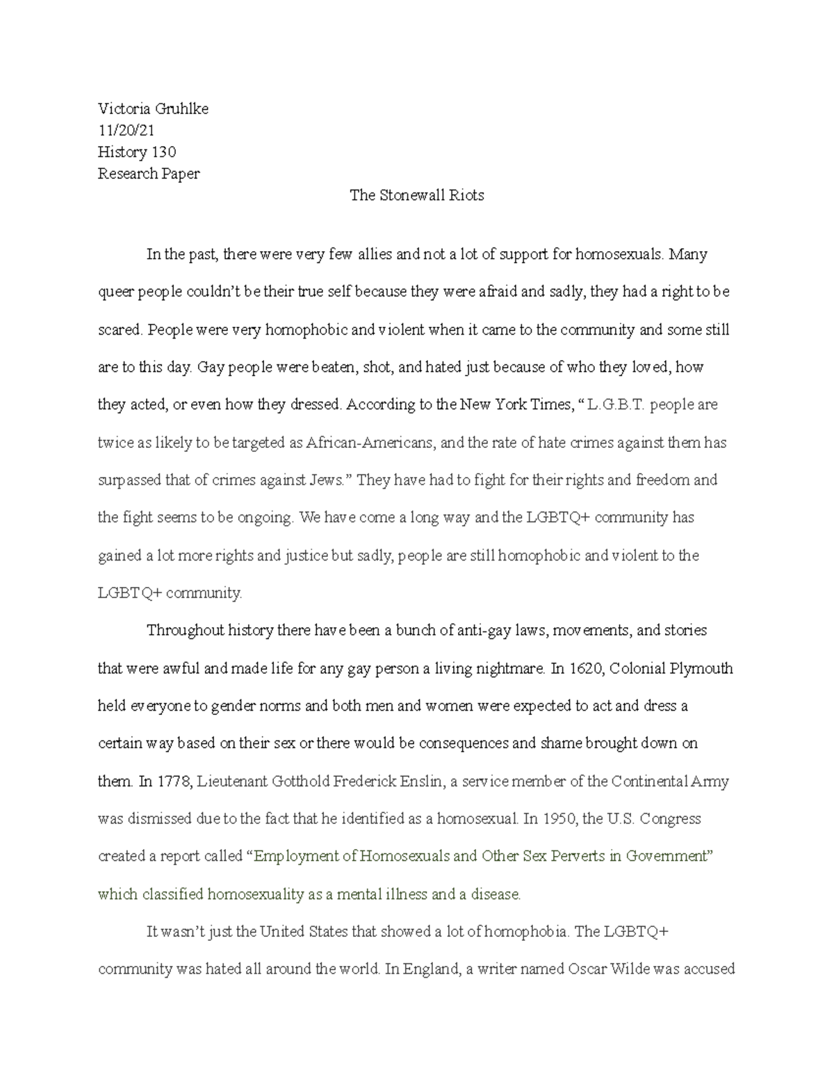 History 130, Research Paper Victoria Gruhlke 11/20/ History 130