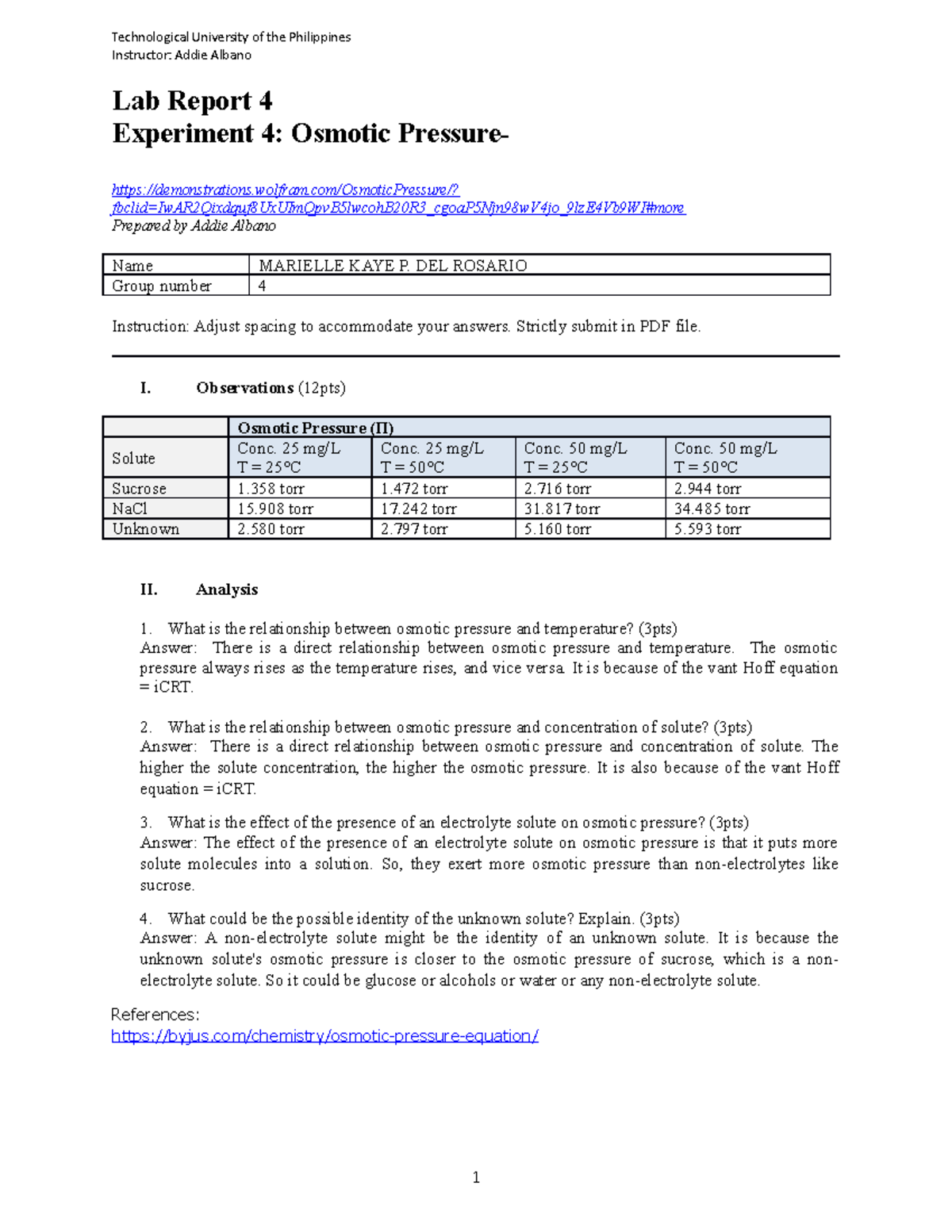 lab Report 4 Osmotic Pressure Technological University of the
