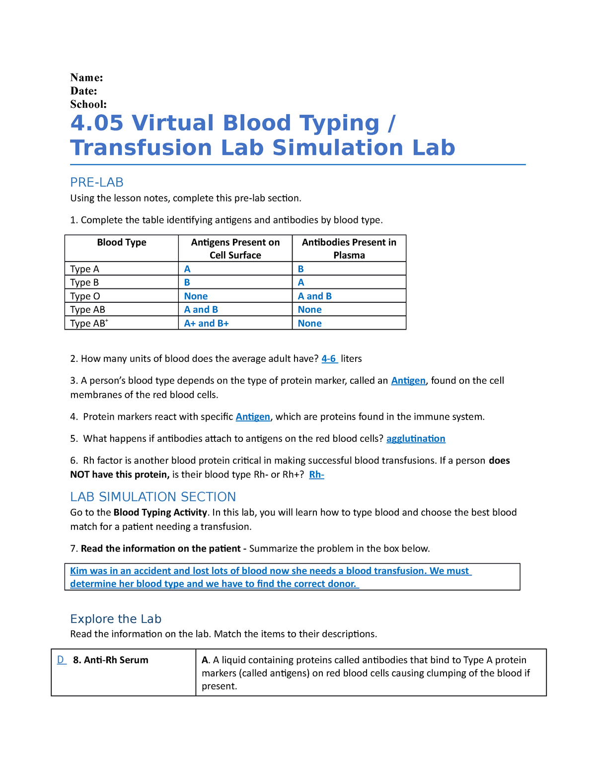 Online Activity Blood Typing Game Worksheet Answers