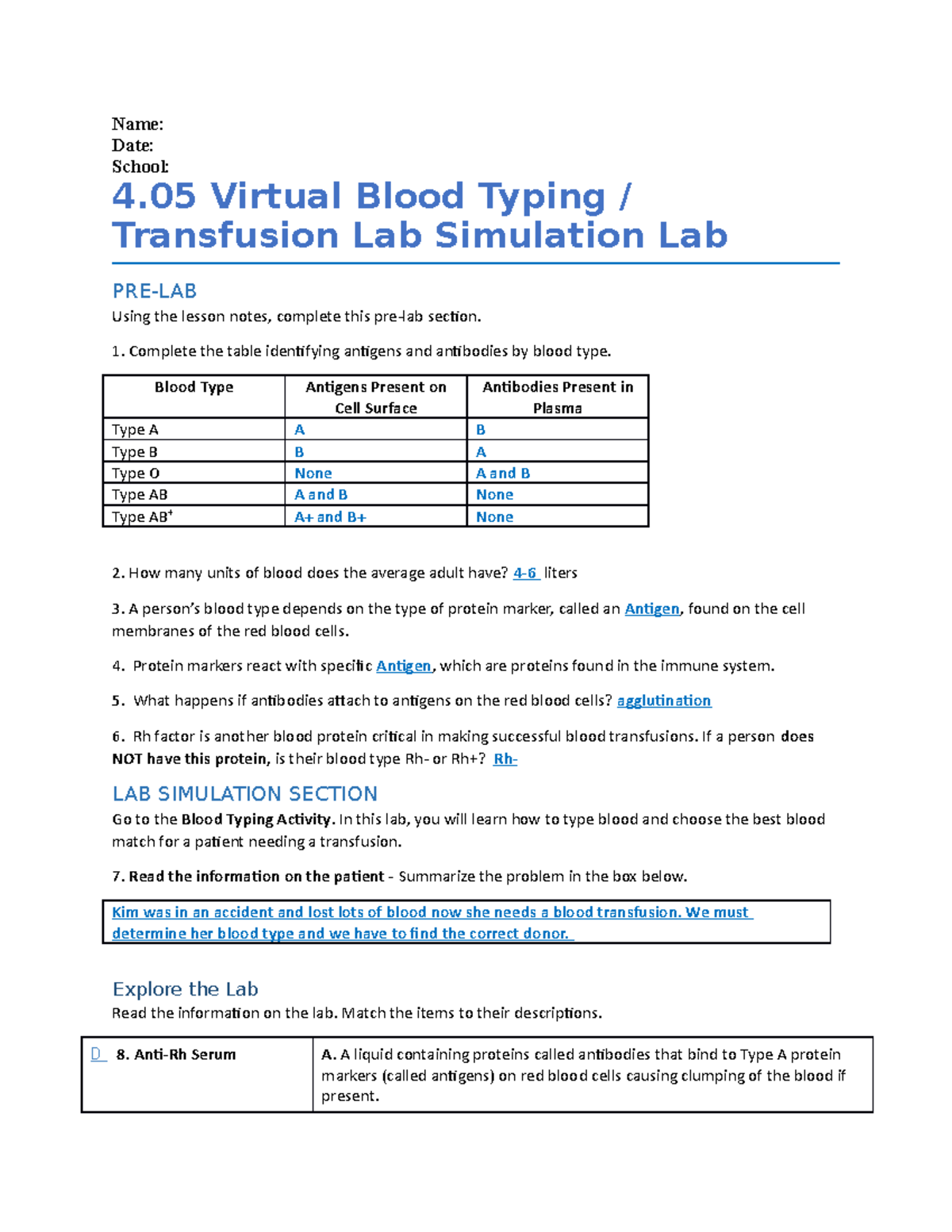 Online Activity Blood Typing Game Worksheet Answers