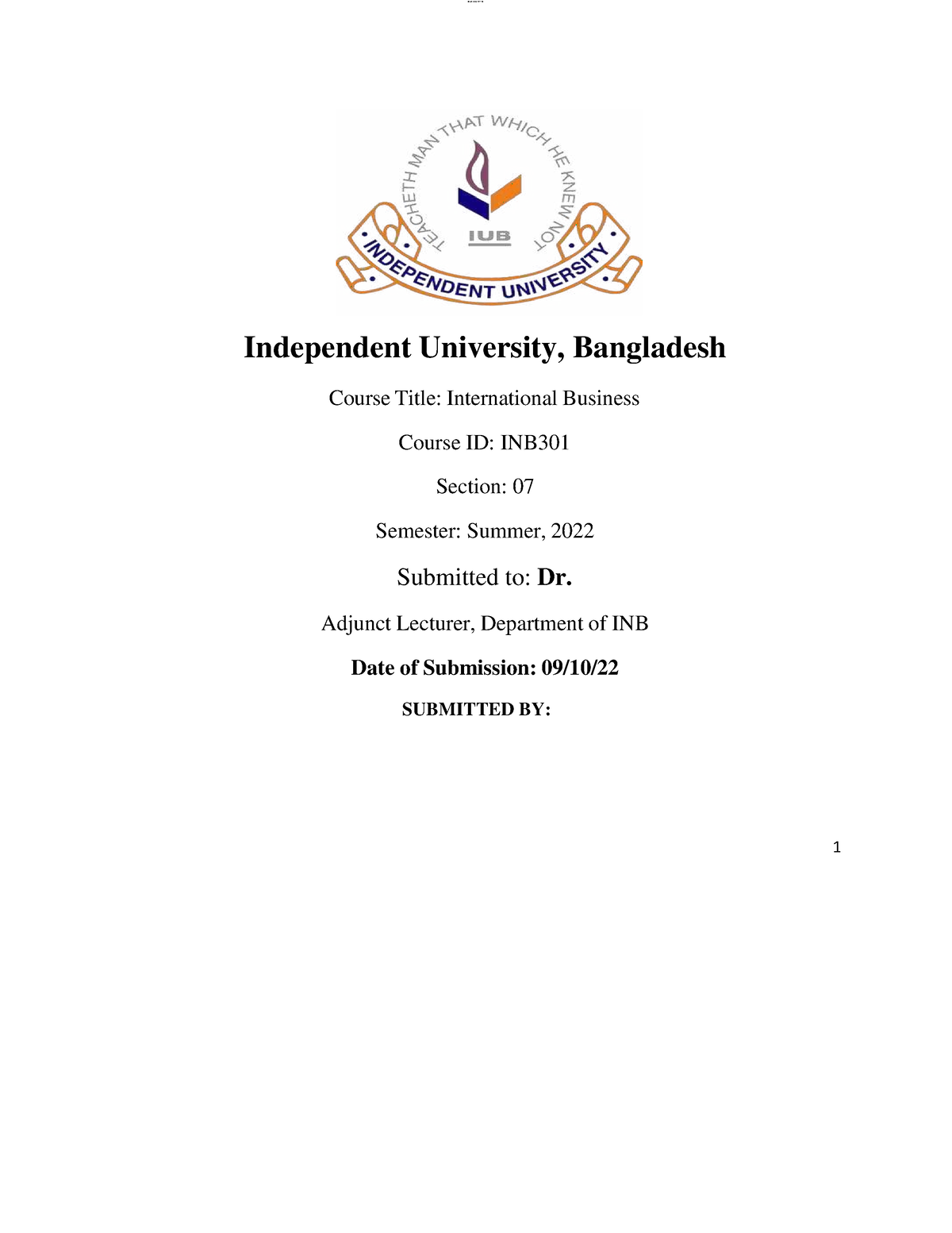 Inb-301-final-report-assignment 1 - Independent University, Bangladesh ...