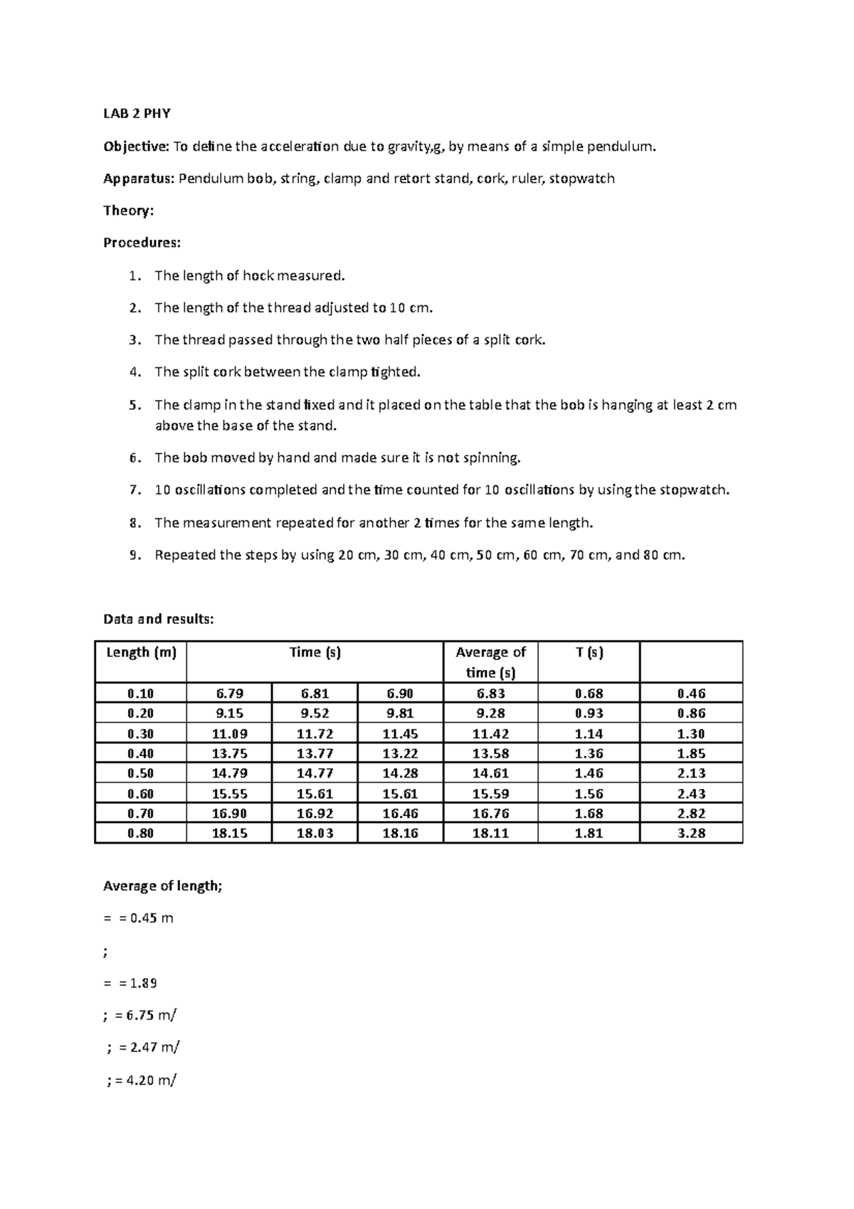 LAB 2 PHY Simple Pendulum - LAB 2 PHY Objective: To Define The ...