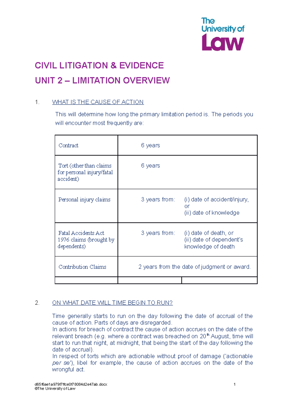 Limitation overview CIVIL LITIGATION & EVIDENCE UNIT 2 LIMITATION