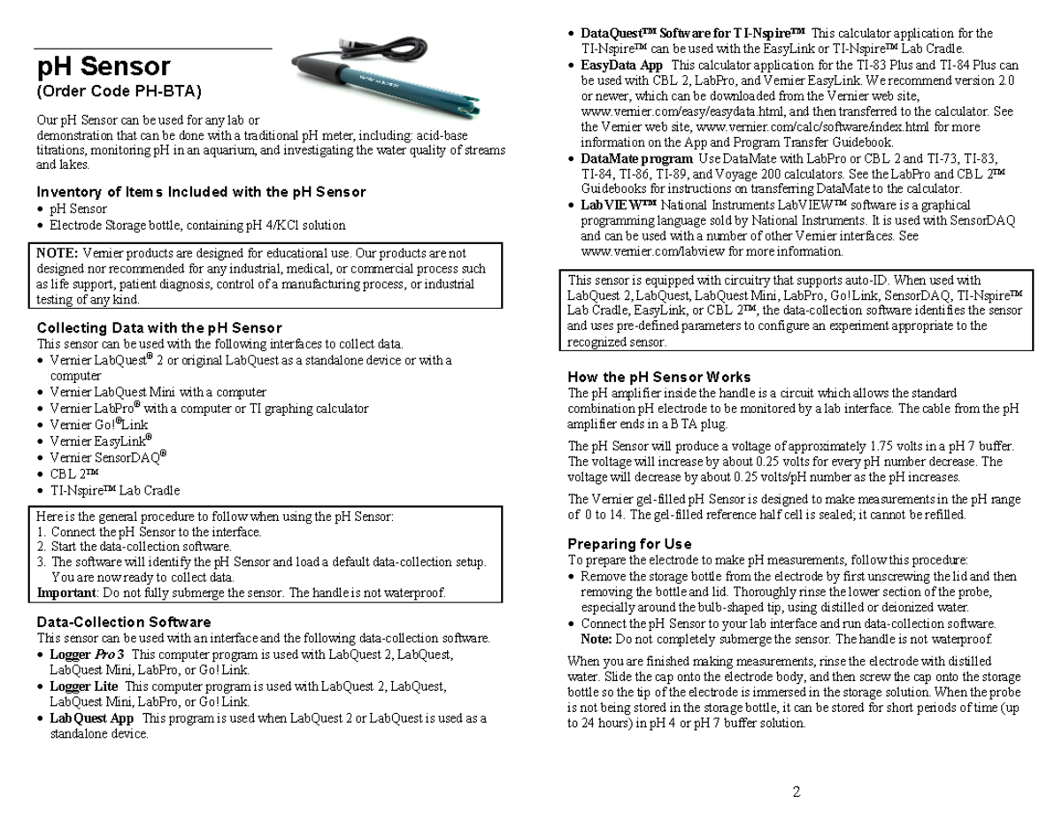 P HSensorVernier Lecture notes sas pH Sensor (Order Code PHBTA) Our pH Sensor can be used