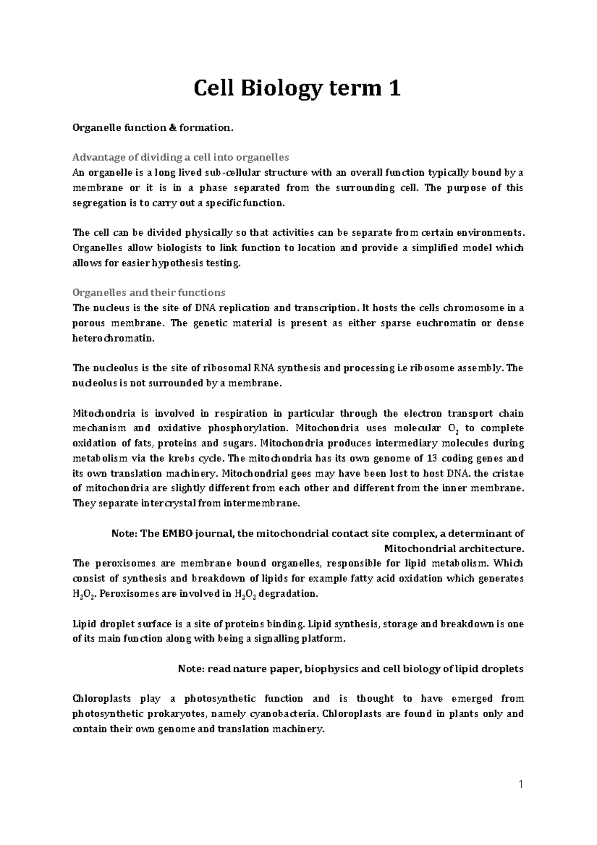 Term 1 Lecture Notes - Cell Biology Term 1 Organelle Function & 