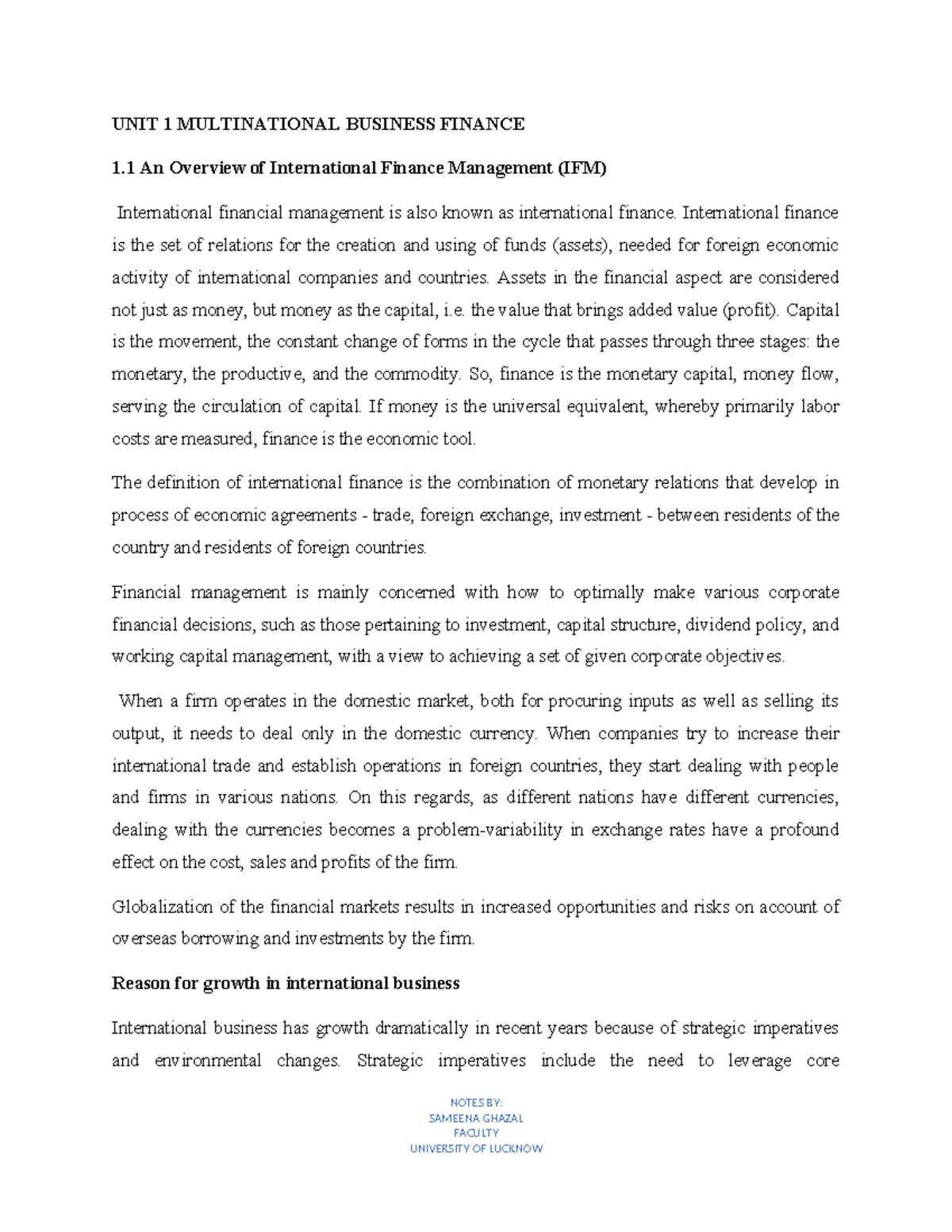 Unit 1 IFM intro - These notes are very important with the view point ...