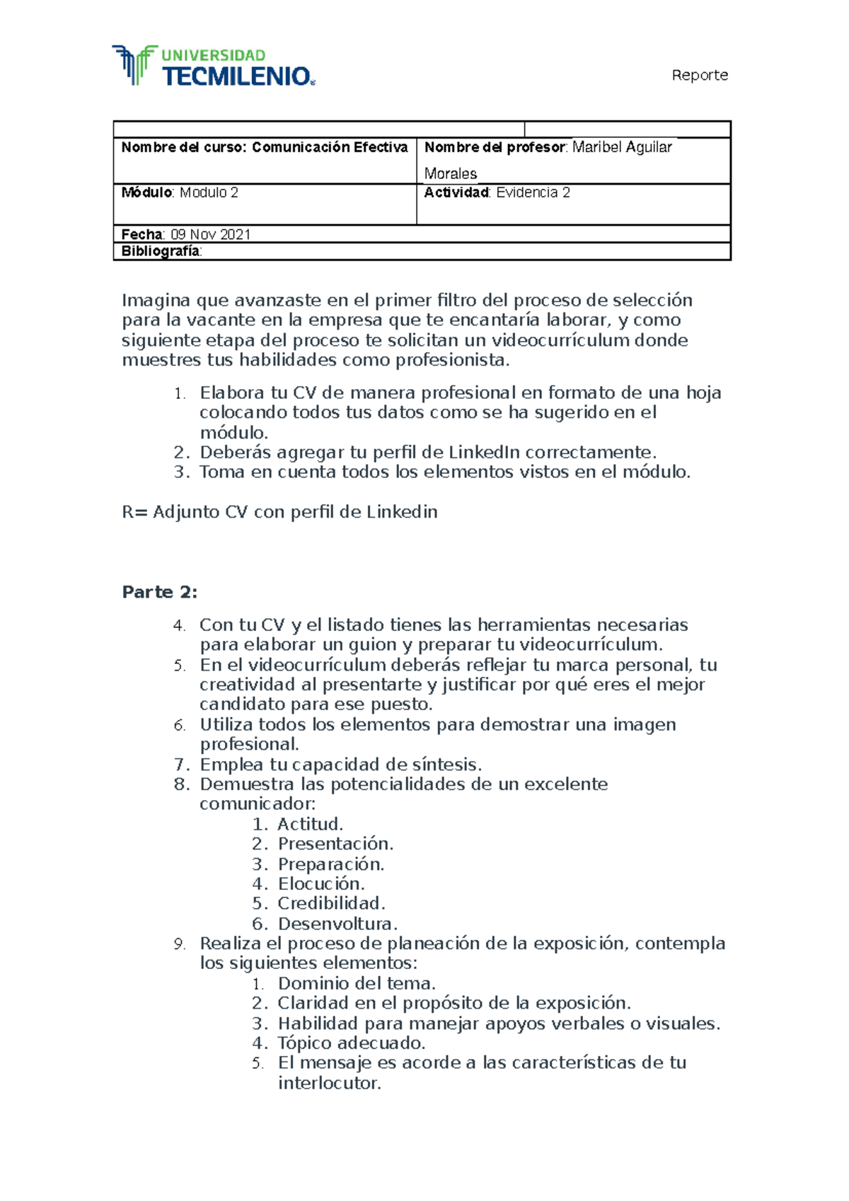 Evidencia 2 comunicacion efectiva - Reporte Nombre del curso ...
