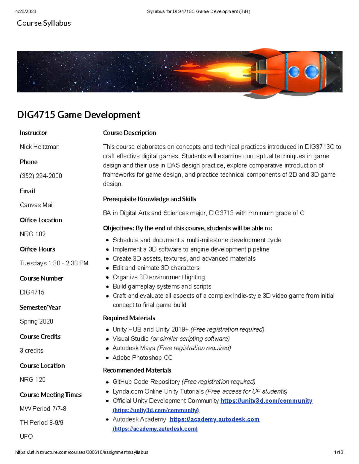 Syllabus for Game Development - Course Syllabus DIG4715 Game ...