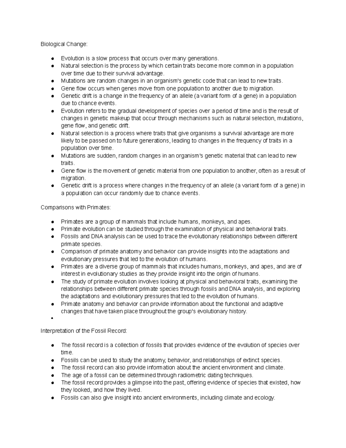 Intro to Anthro Notes - Biological Change: Evolution is a slow process ...