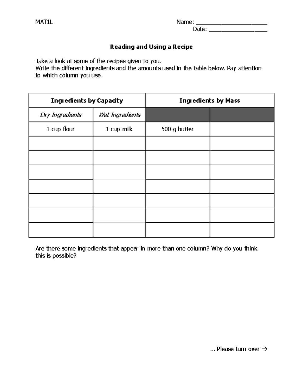 01 - Worksheet Reading and Using a Recipe - - Studocu