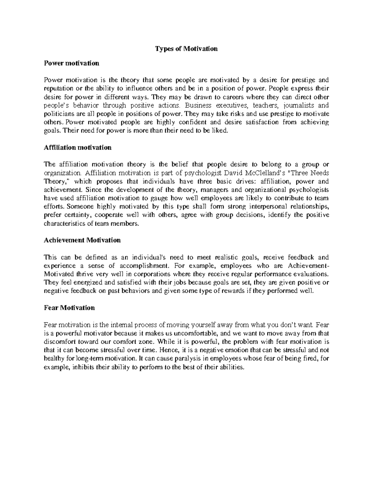 Types of Motivation - Types of Motivation Power motivation Power ...