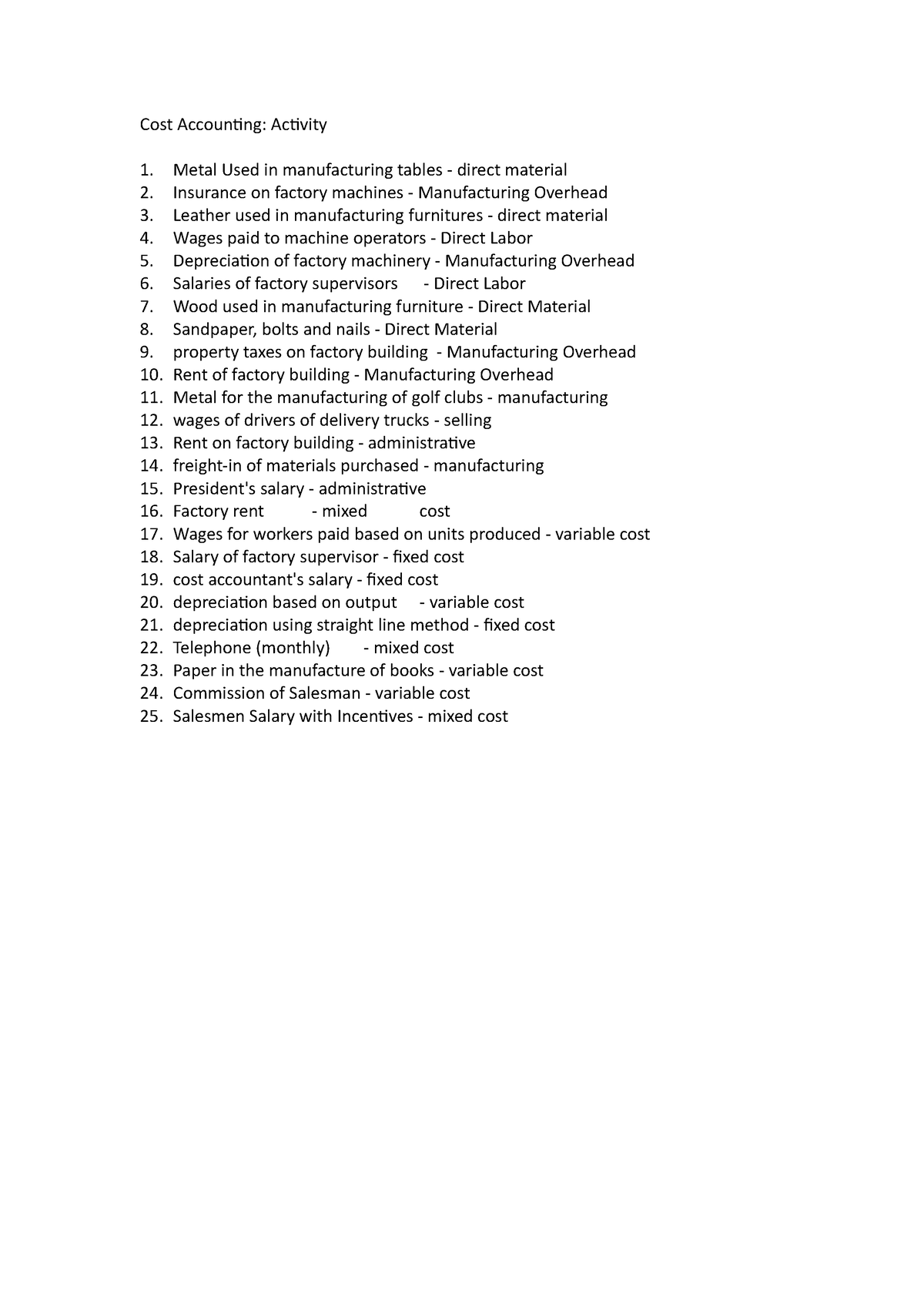 Cost Accounting (Classification of Costs) - Cost Accounting: Activity